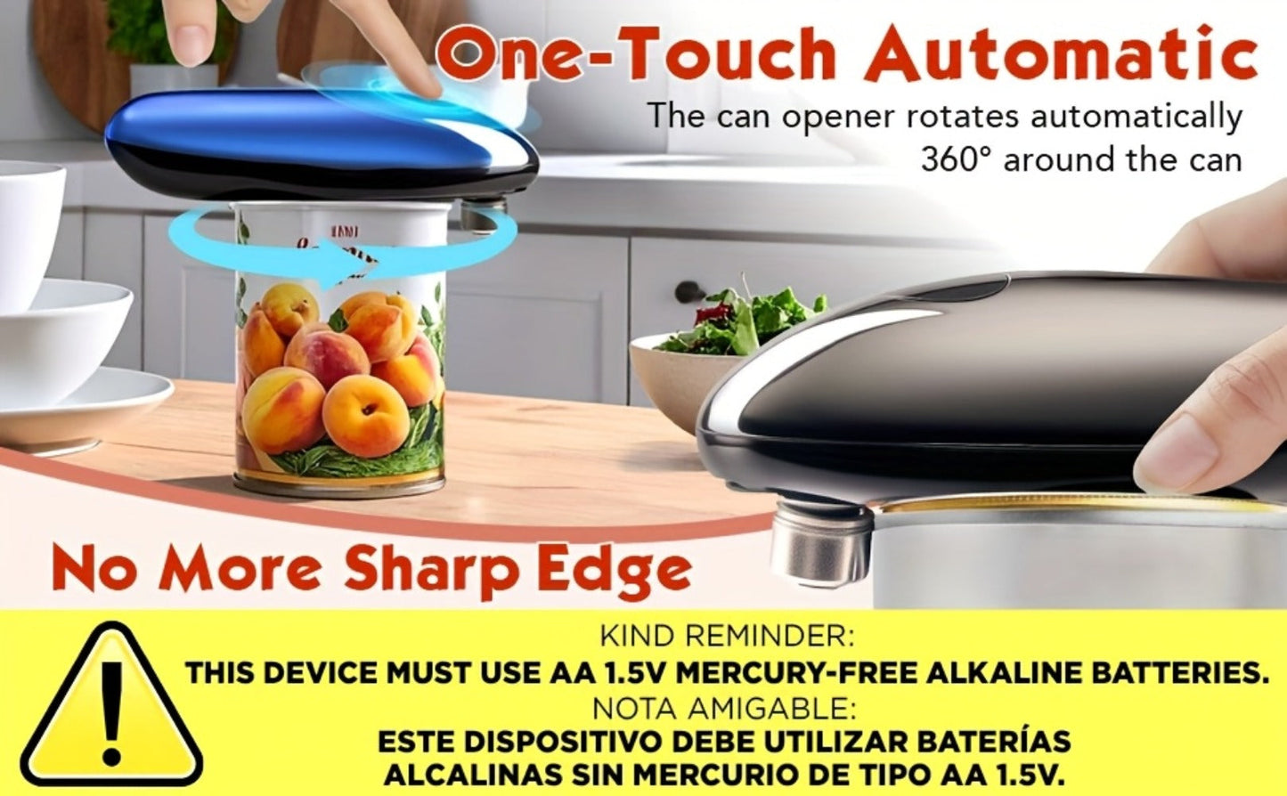 Electric Can Opener One Touch – Automatic 360° Rotation for All Can Sizes, Smooth Safe Edge, Battery Operated, Ideal for Seniors & Arthritic Hands, Kitchen Gadget