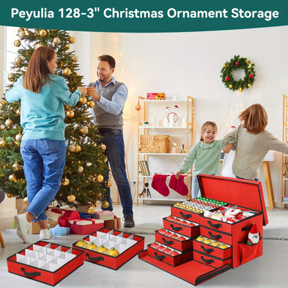 Christmas Ornament Storage Box with 128 Compartments, Eight Removable Trays and Red or Green Color Options