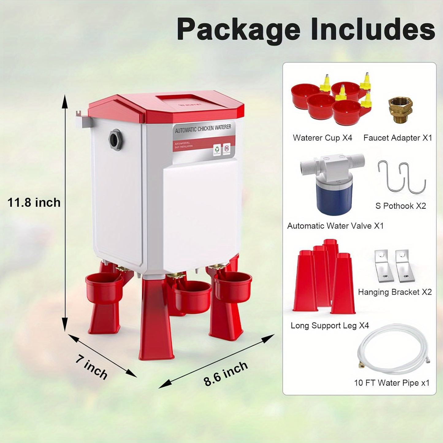 Hose-Connected Automatic Poultry Waterer with Float Valve, Four Cups and Red or Teal Color Options