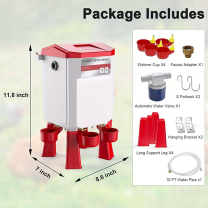 Hose-Connected Automatic Poultry Waterer with Float Valve, Four Cups and Red or Teal Color Options