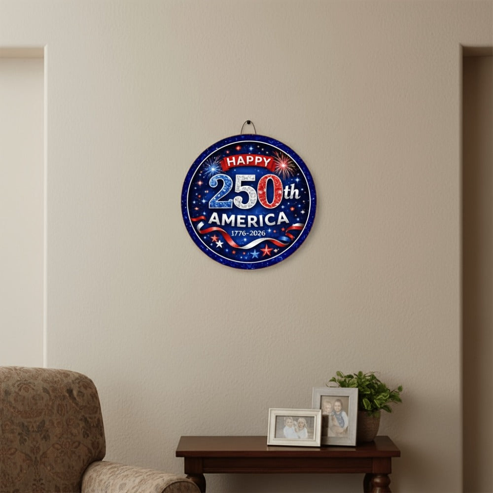 Patriotic Wooden Door Sign with Round 1776-2026 Anniversary Design for Indoor Wall or Entryway Display