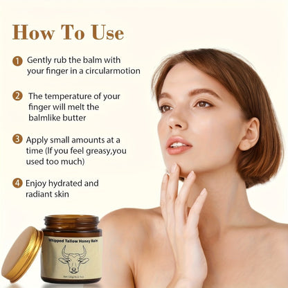 Whipped Beef Tallow Balm for Face & Body 4oz - Grass-Fed with Honey, Natural Non-Greasy Deep Moisturizer for Dry & Sensitive Skin, Vitamins A D E K, Unrefined Formula for Women & Men