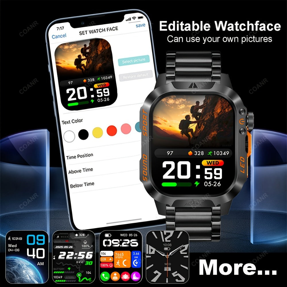 Large Screen Men's Smartwatch 2.01" Wireless Calling, 100+ Sport Modes, LED Flashlight, Purple Light, Heart Rate SpO2 Sleep Tracker, Phone Sync & Notifications – Compatible with iPhone & Android