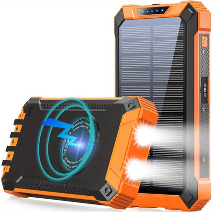 42800mAh Solar Power Bank Wireless Charging with 4 Built-In Cables – 6 Output Ports 15W Fast Charge Dual LED Flashlight Portable Battery Pack for iPhone Samsung Android Camping Travel Emergency