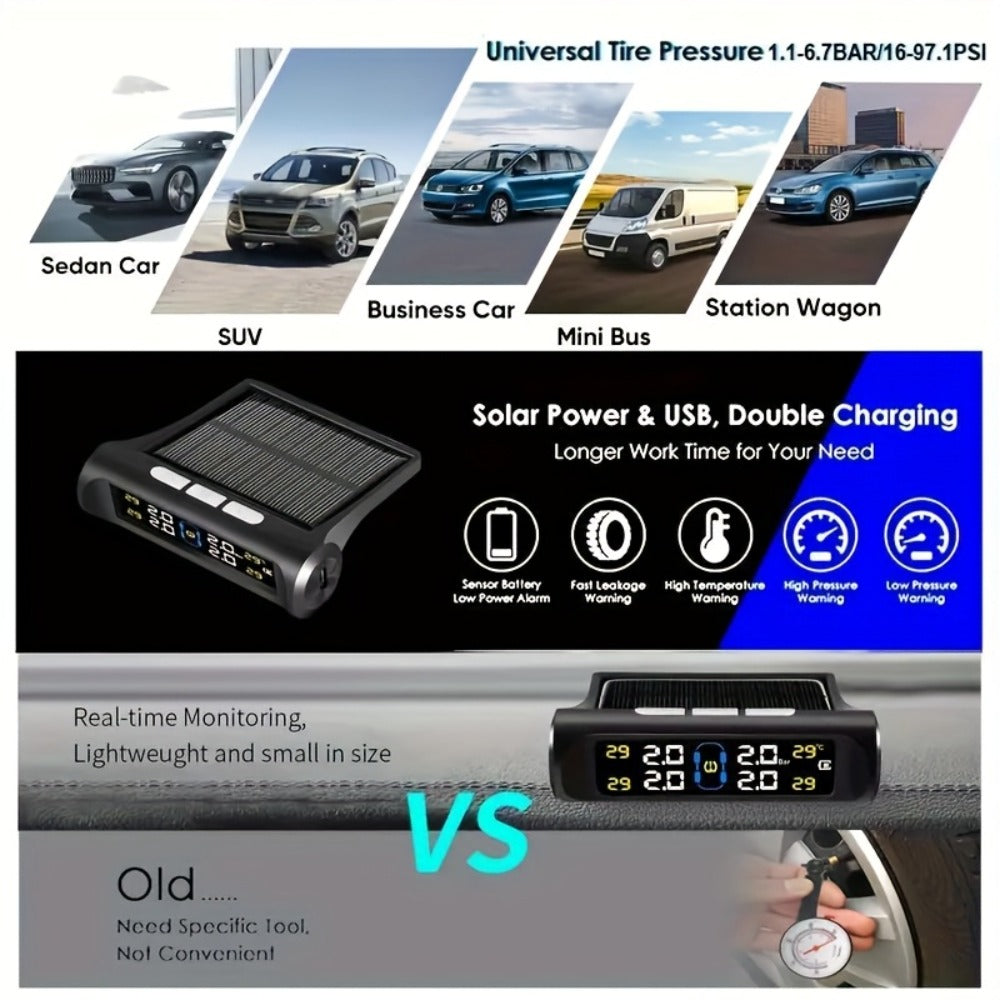 Solar TPMS Tire Pressure Monitoring System – Solar & USB Charging, 5 Alarm Modes, Color Display for 4-Wheel Vehicles