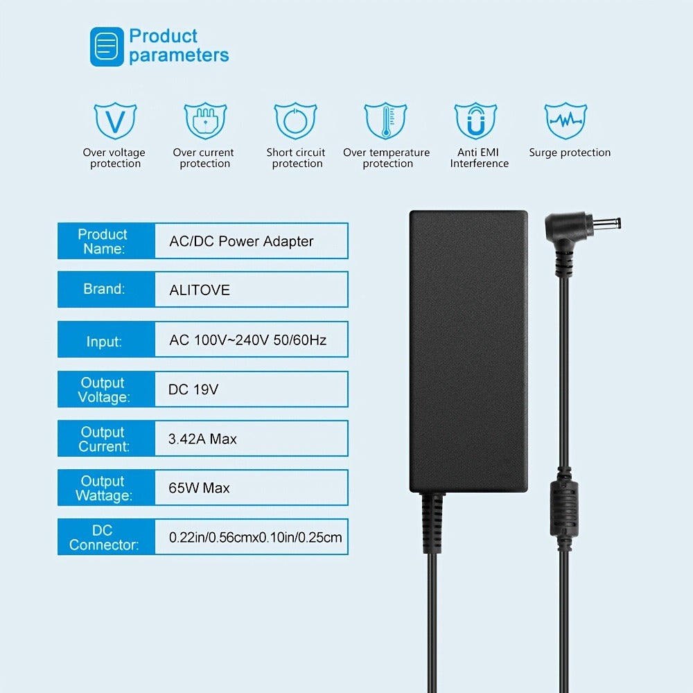 Universal DC Power Adapter 19V 3.42A 65W – ALITOVE Laptop Charger & Monitor Power Supply with 9 Interchangeable Tips, Multi-Device Compatible for Laptops, Monitors, Audio Equipment