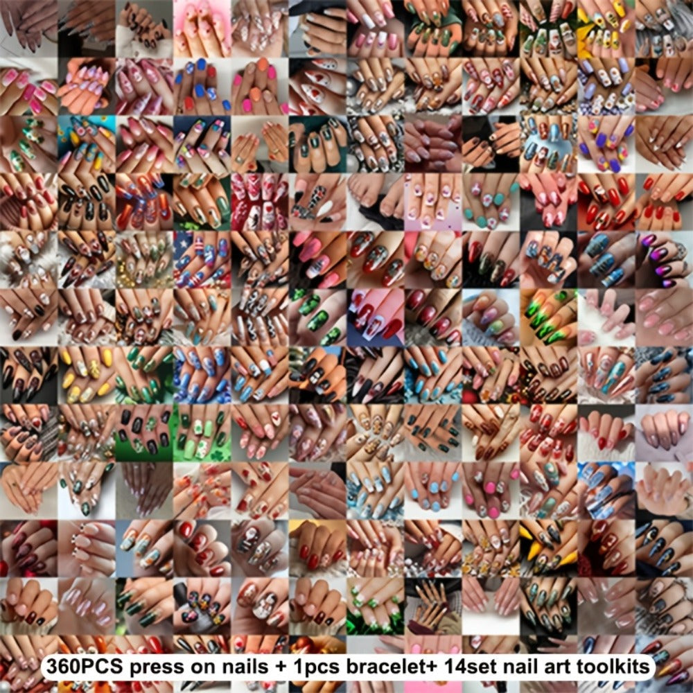Press On Nails 375-Piece Kit with 360 Assorted Nails, Bracelet and 14-Piece Nail Art Tool Set