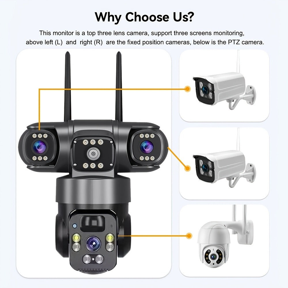Security Camera 4K Triple-Lens Solar PTZ Model with 10X Zoom, 8000mAh Battery and 32GB Bundle Option