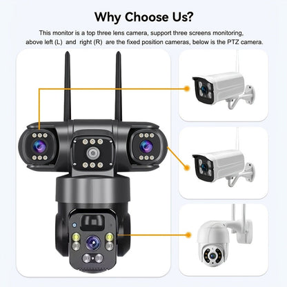 Security Camera 4K Triple-Lens Solar PTZ Model with 10X Zoom, 8000mAh Battery and 32GB Bundle Option