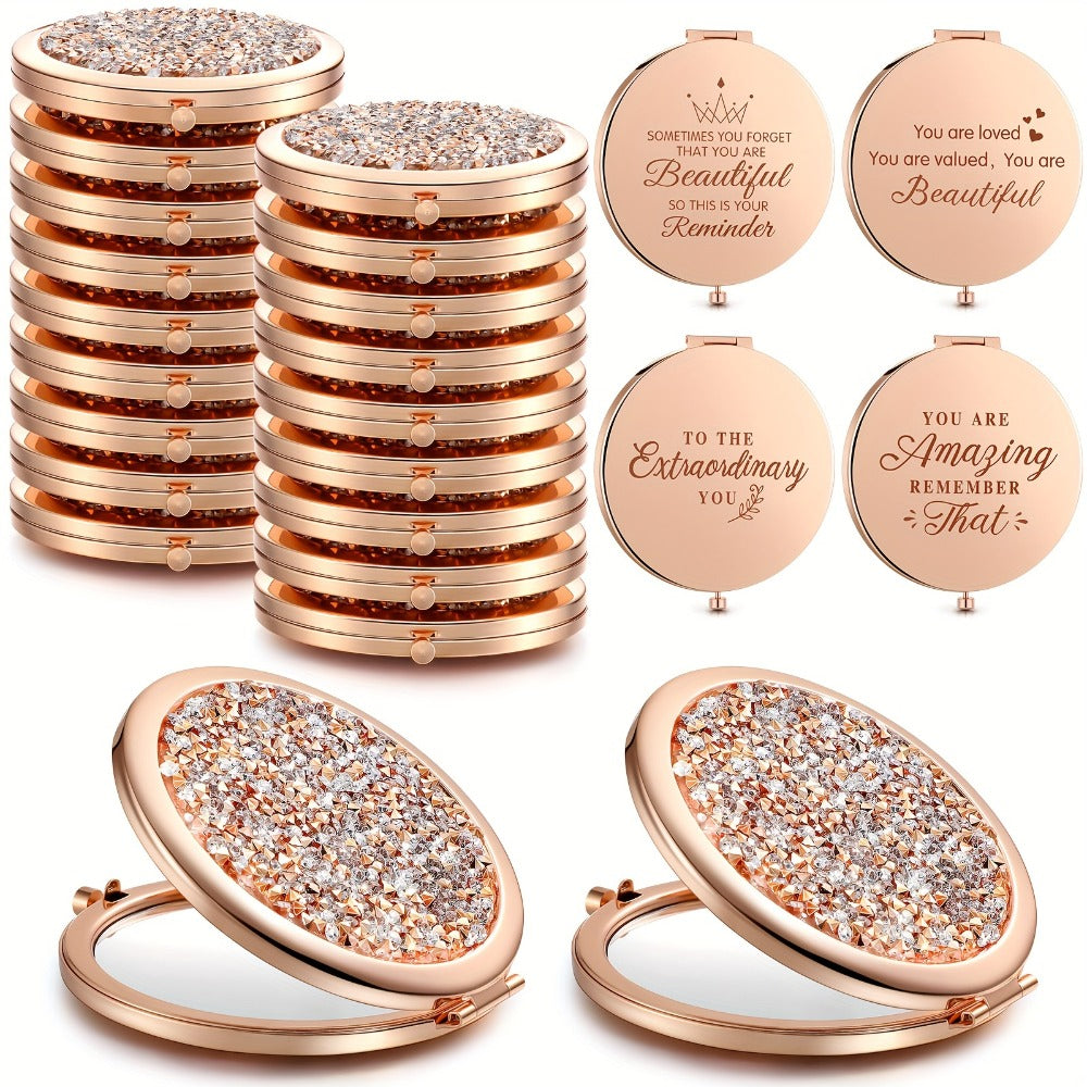 16-Piece Rose-Gold Rhinestone Compact Mirror Set with Engraved Messages and 2X Magnifying View