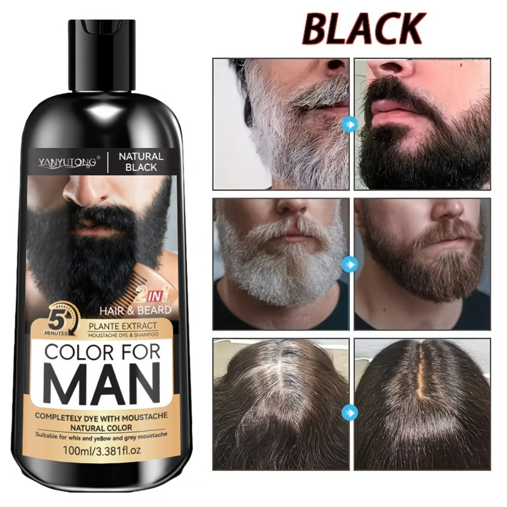 Gray Beard Dye Shampoo for Men 2-in-1 Semi-Permanent Natural Sulfate-Free Formula — Colors & Conditions in One Step, Fast Gray Coverage for Beard Sideburns & Hair, Black Brown Chestnut Brown