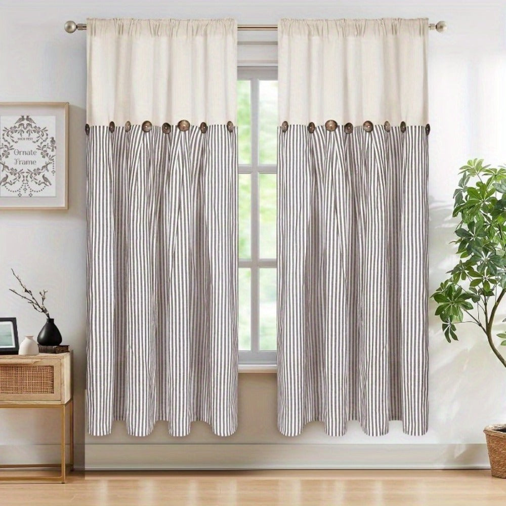 Semi Sheer Curtains Bohemian Linen Cotton Patchwork Grommet Top Window Drapes for Bedroom Living Room Kitchen Bathroom Cafe - Boho Country Cottage Style 4 Seasons 1 or 2 Panels