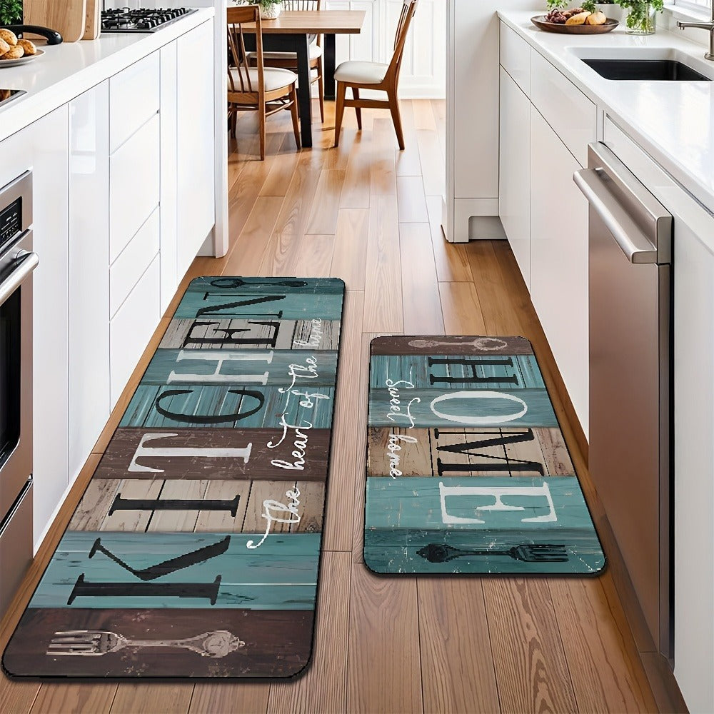 Two-Piece Green and Brown Wood-Plank Print Kitchen Mat Set with Two Exact Rectangular Sizes