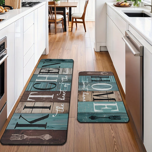 Diatomaceous Earth Kitchen Mat Set 2pcs - Non-Slip Anti-Fatigue Rug for Kitchen Bathroom Bedroom Hallway, Green Brown Wood Plank Pattern, Easy Clean