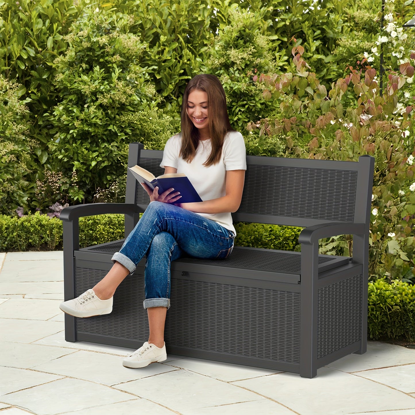 Outdoor Rattan-Style Deck Box and Storage Bench in Four Size, Finish and Capacity Options for Patio Use