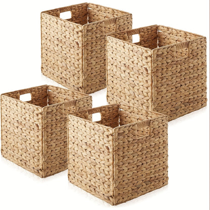 Woven Cube Storage Basket with Cutout Handles in Natural Color and One-, Two- or Four-Piece Packs