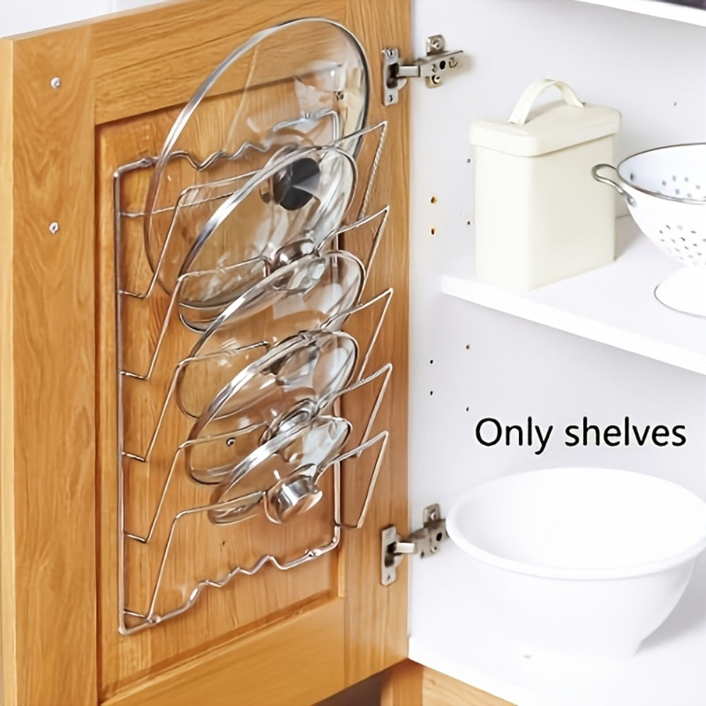 Wall-Mount Pot Lid Kitchen Organizer with Six-Tier Metal Rack for Cabinet Doors or Kitchen Walls