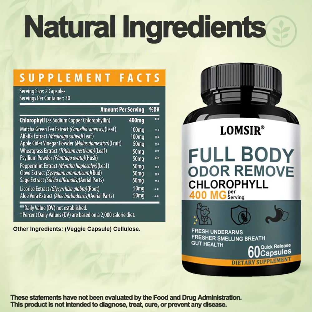Dietary Supplement Chlorophyll 400mg Capsules with Matcha, Apple Cider Vinegar and Botanical Blend, 60 Count
