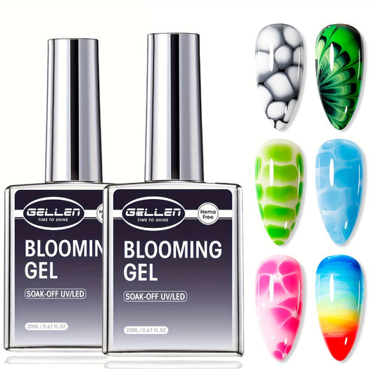 Blooming Gel Nail Art 2pcs HEMA-Free Clear Blossom Gel — Marble Watercolor Floral Tie-Dye Spreading Effect Soak-Off LED 28-Day DIY Manicure 0.68oz Each