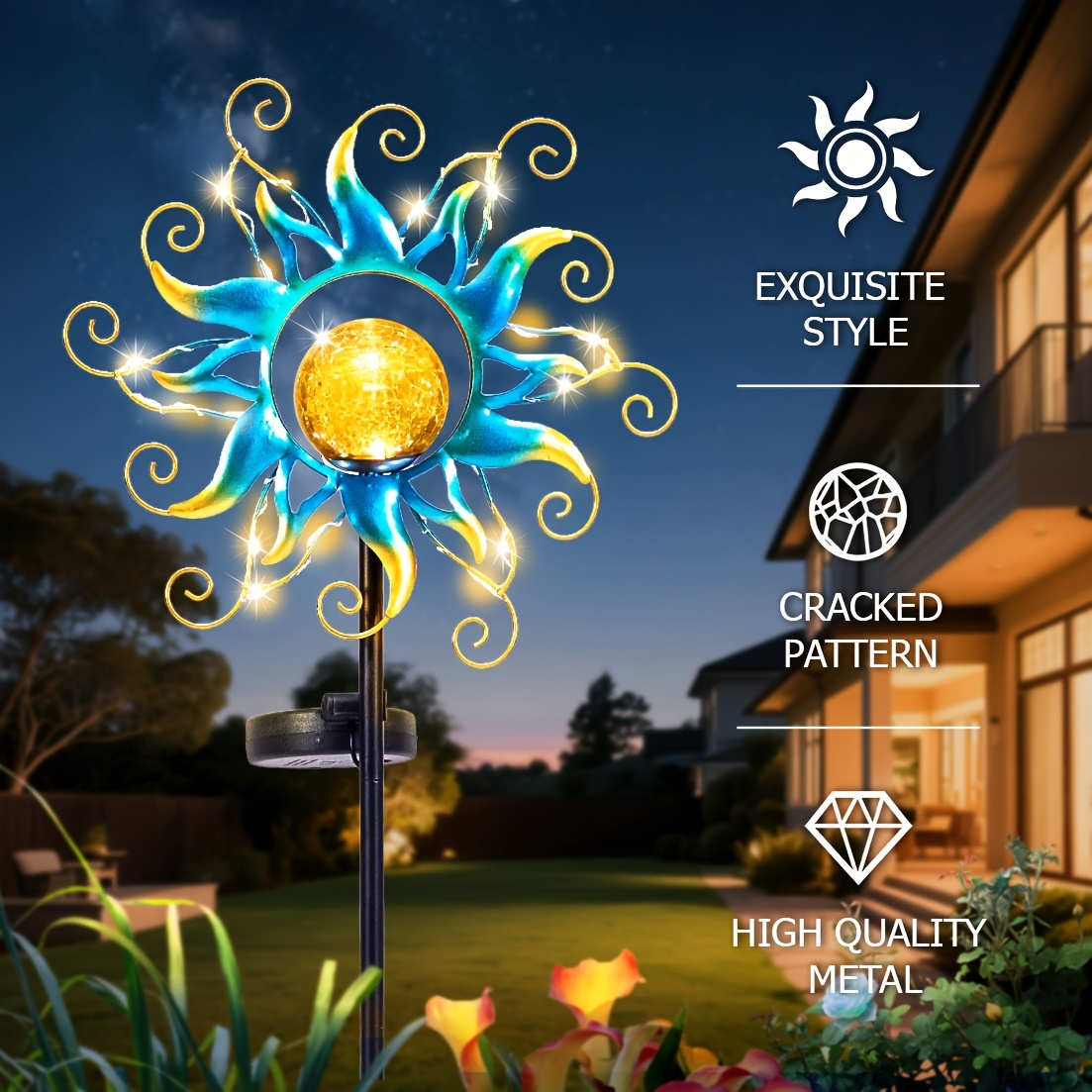 Solar Garden Lights Blue Sun-Shaped LED Stake, IPX4 Rated with Separate Solar Panel for Path Decor