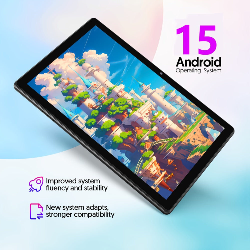 Android 15 Tablet 10 Inch 2-in-1 with Keyboard Case & Stylus 12GB RAM 64GB ROM 1TB Expandable 6000mAh Battery WiFi 6 4-Core 8MP Dual Camera FHD IPS Display Tablet PC