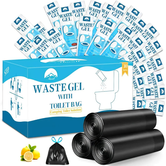 Portable Toilet Bags with Waste Gel – 30 Pack Camping Emergency Outdoor Disposable Toilet Bag Kit with Drawstring Closure and Odor-Absorbing Solidifying Powder for Camping Hiking Travel Backpacking