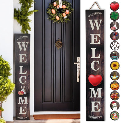 Seasonal Welcome Porch Sign with 12 Interchangeable Icons, 47-Inch Leaner Board in Six Color Options