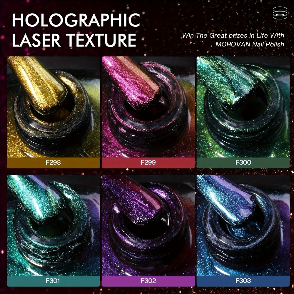 Six-Piece Holographic Nail Polish Set with Metallic Rainbow Shimmer Shades in 0.25 oz Air-Dry Bottles