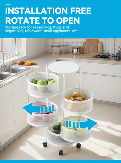 Round-Basket Rolling Storage Rack with Four or Five Mesh Levels, Caster Base and Black or White Finish