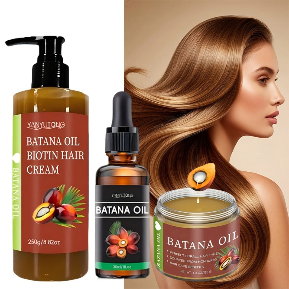 Three-Piece Batana Oil and Biotin Hair Care Set with Pump Cream, Dropper Bottle and Balm Formats