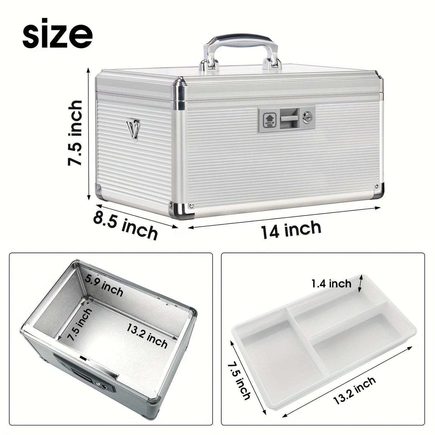 Aluminum Alloy Lockable Medicine Box – Double Layer Large Capacity Storage Box with Key Lock, Handle & Tray for Medicines, Documents & Valuables, 10"/12"/14"/16" Home Security Box