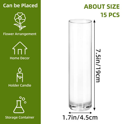 Fifteen-Piece Clear Glass Cylinder Vase Set with 7.5-Inch Height, 1.7-Inch Diameter and Stable Round Base