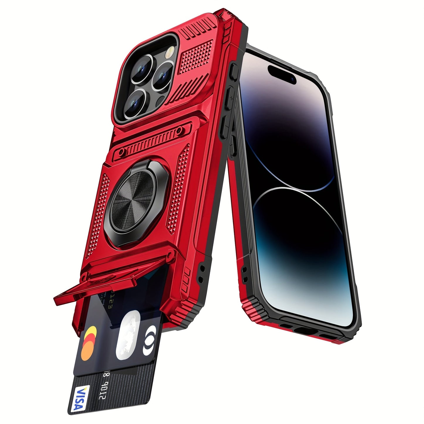 Phone Case Dual-Card Hard Shell Cover with 360° Metal Ring Kickstand for Select iPhone 7–17 Models