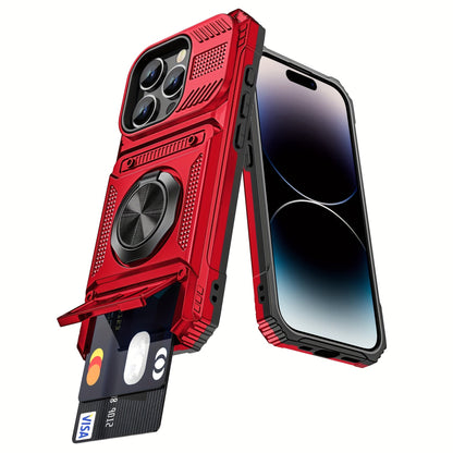 Phone Case Dual-Card Hard Shell Cover with 360° Metal Ring Kickstand for Select iPhone 7–17 Models