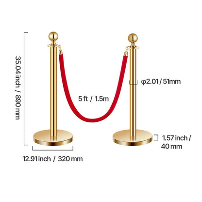 Stanchion Posts with Red Velvet Rope Set - Gold Crowd Control Barrier, for Home, Office and Event Organization