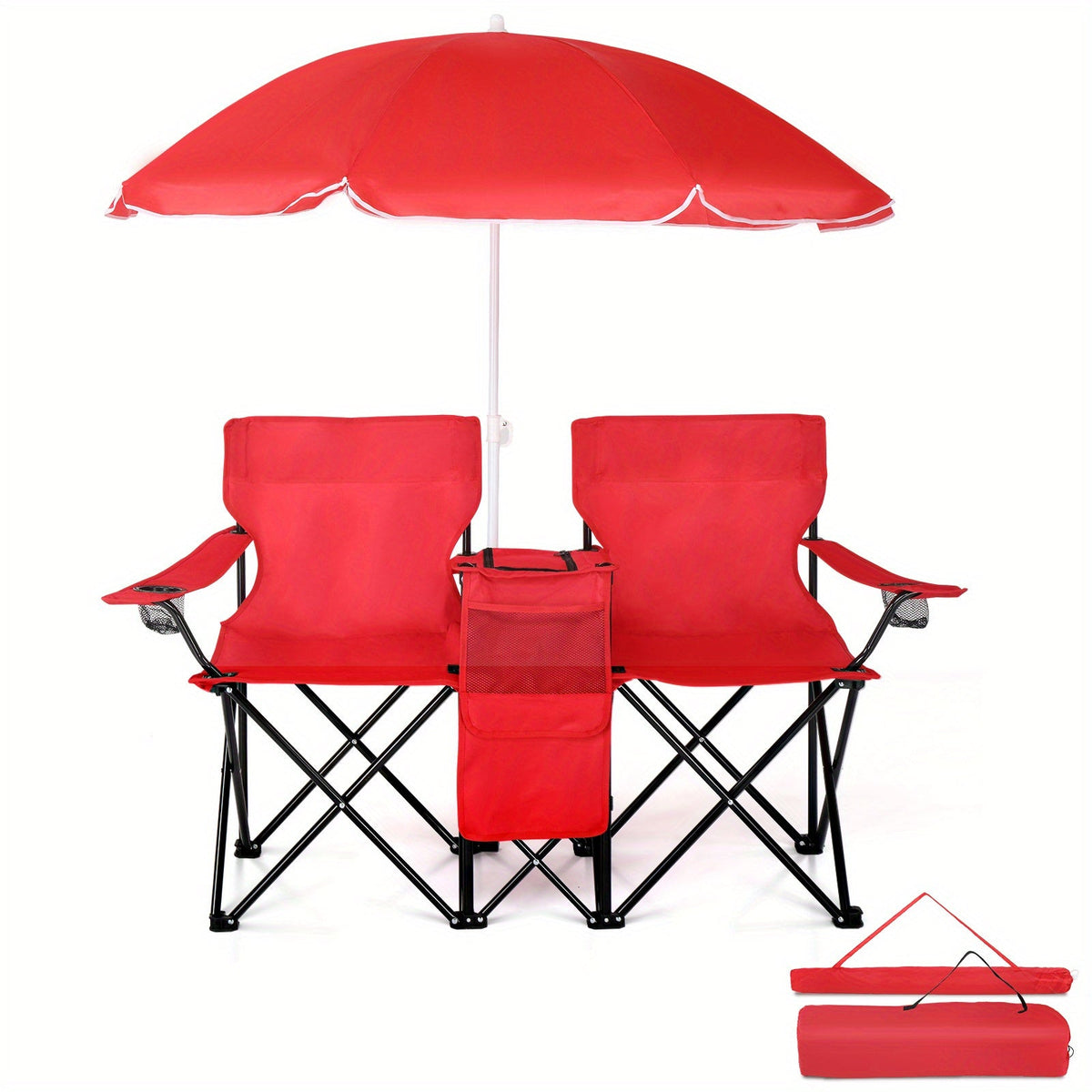 Folding Fishing Chair with Sun Umbrella – 2-Seat Portable Outdoor Chair, Iron Alloy Frame & Oxford Fabric, Built-In Storage Bag & Carry Bag, for Beach, Patio, Camping & Sunbathing, 4 Colors