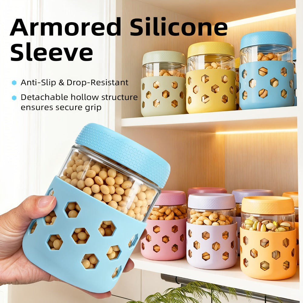 Glass Jar Food Storage Organizer Six-Pack with 16oz Screw-Top Jars and Optional Silicone Sleeves