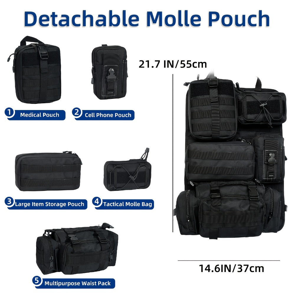 Tactical Car Seat Organizer – MOLLE Nylon Seat Back Storage Bag with 5 Pockets, Front & Rear Seat Protector for Jeep, Truck, SUV | Car Interior Accessories for Men & Women