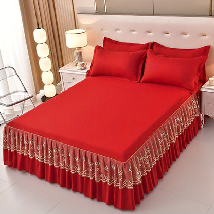 Macrame Lace Bed Skirt Set 3pcs – Double Layer Non-Slip Bed Skirt with 2 Pillowcases All Seasons Twin Full Queen King