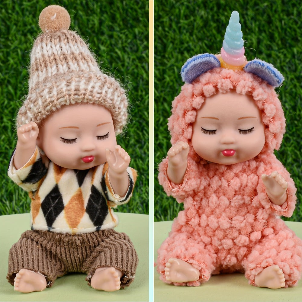 Eight Mini Baby Dolls with 4-Inch Checkout Size, Assorted Knit Animal Outfits and 10.24-Inch Display Box