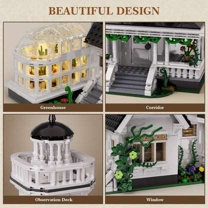 Building Block Set Owen's House with 1877 Pieces, Three-Level Tower, Porch, Conservatory and Lighting