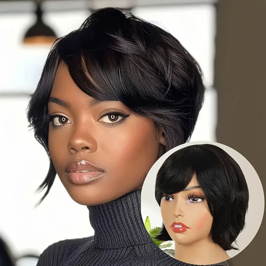 Pixie Cut Wig Human Hair with Bangs Glueless Short Brazilian Layered Machine Made Throw-On-and-Go Hairpiece Natural Black 1B Medium Brown #4 6 8 Inch Wig for Women