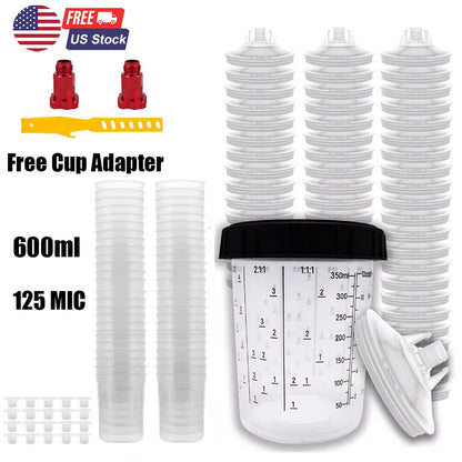 Disposable Paint Spray Gun Cup Liner & Lid System 50-Pack – Includes 50 Cup Liners, 50 Lids, Hard Cup with Retainer Ring, 2 Spray Gun Adapters & Paint Stirrer for Automotive Painting
