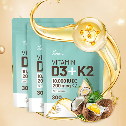 Vitamin D3 K2 Softgels with Coconut Oil – 2-in-1 Premium Bone, Heart & Immune Support Formula for Women & Men | Easy-to-Swallow | 300 Softgels per Pack