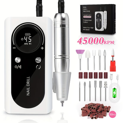 Low Noise Nail Drill Machine 45000RPM Rechargeable with LCD Display — Quiet Electric E-File for Gel Polish Acrylic Natural Nails, Professional Cordless Nail Sander for Home & Salon Manicure, White Purple Pink