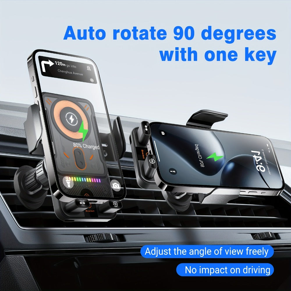 Car Wireless Charger 15W Auto-Align Smart Sensor FOD Detection Auto-Sensing Infrared Clamp 4mm Case Friendly Rotating Air Vent Mount for iPhone 17 16 15 14 Pro Max, Samsung Galaxy S24 S23 & All Qi Devices – Wired Backup Included
