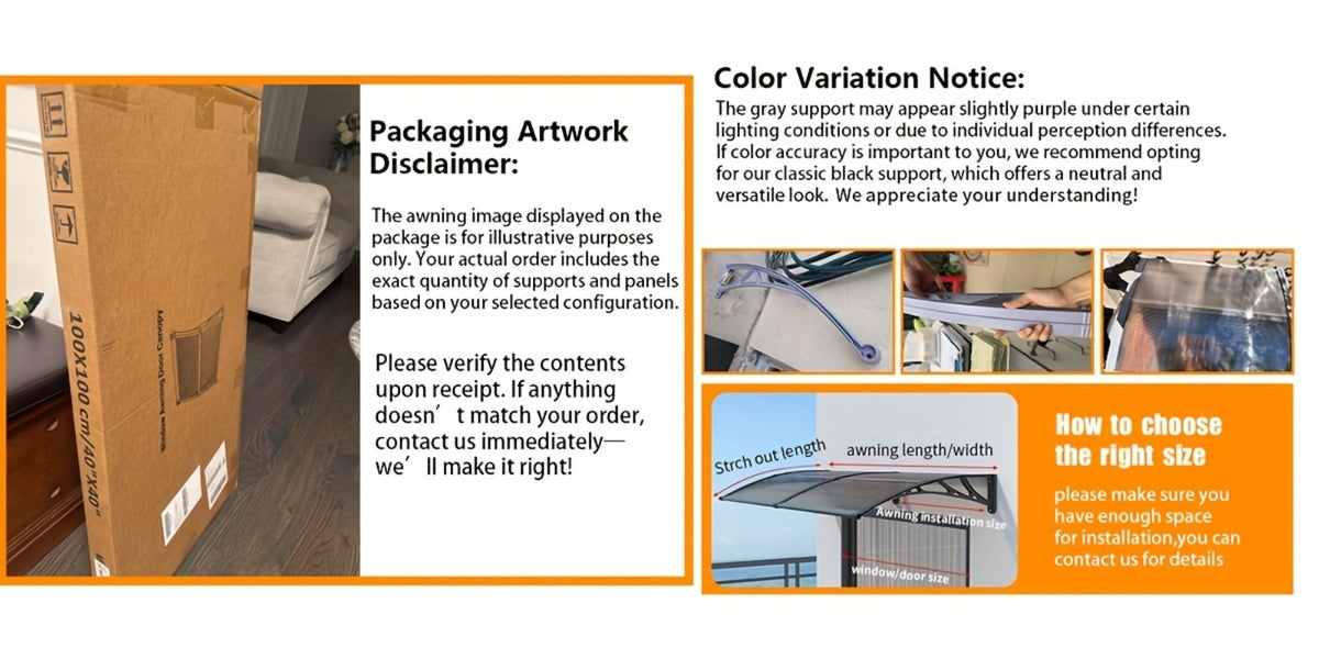 Window Awning Door Canopy Polycarbonate Overhang, UPF 50+ UV & Rain Protection, Leak-Proof Hollow Sheet