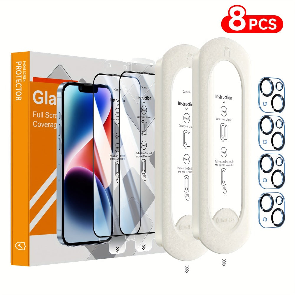 Screen Protector, 8-Piece iPhone Tempered Glass Set with Four Screen Films, Four Camera Lens Covers and Alignment Tools