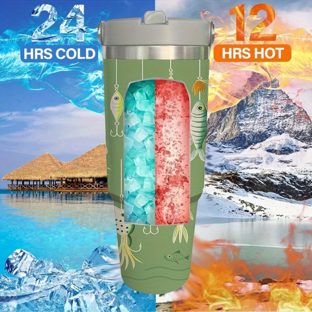 30oz Green Fish-Print Travel Mug with Carry Handle, Straw Lid and Tapered Cup-Holder Base Design