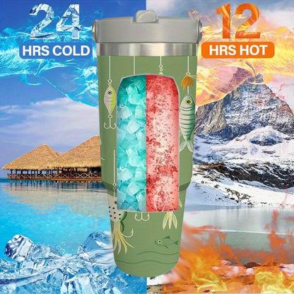 30oz Green Fish-Print Travel Mug with Carry Handle, Straw Lid and Tapered Cup-Holder Base Design